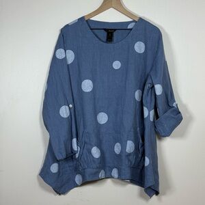 Ali Miles Womens Linen Tunic Top 2X Blue White Polka Dot Pockets Lagenlook